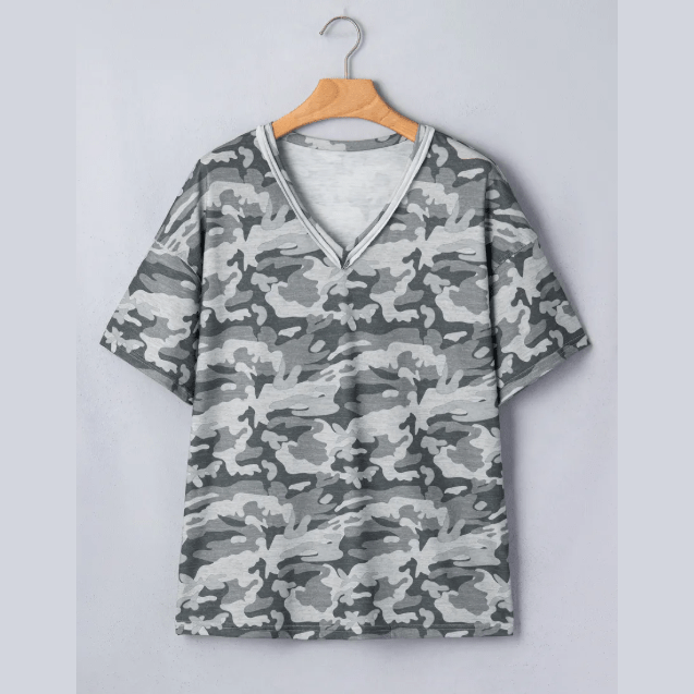 Raelynne Green Retro Camouflage Print Raw Edge V Neck Tee