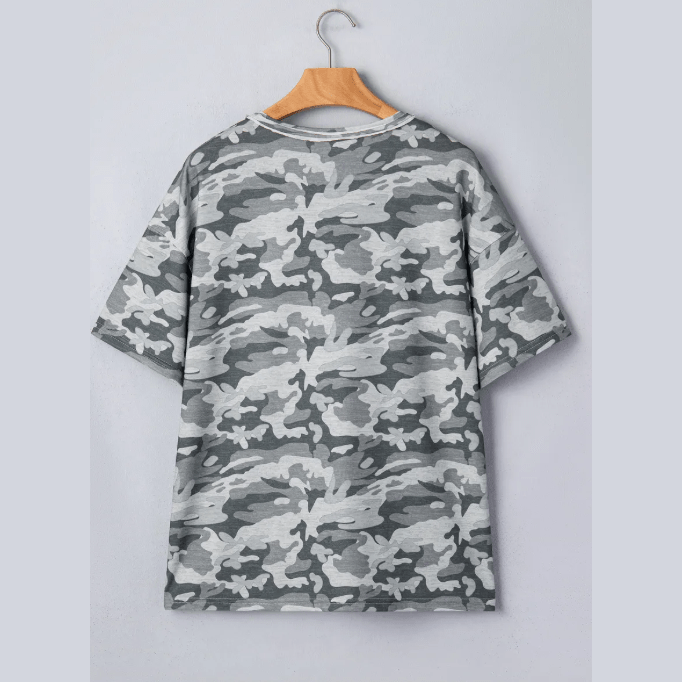Raelynne Green Retro Camouflage Print Raw Edge V Neck Tee