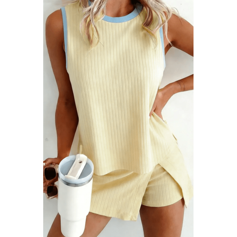 Nichelle Yellow Contrast Trim Ribbed Tank Split Skort 2pcs Set