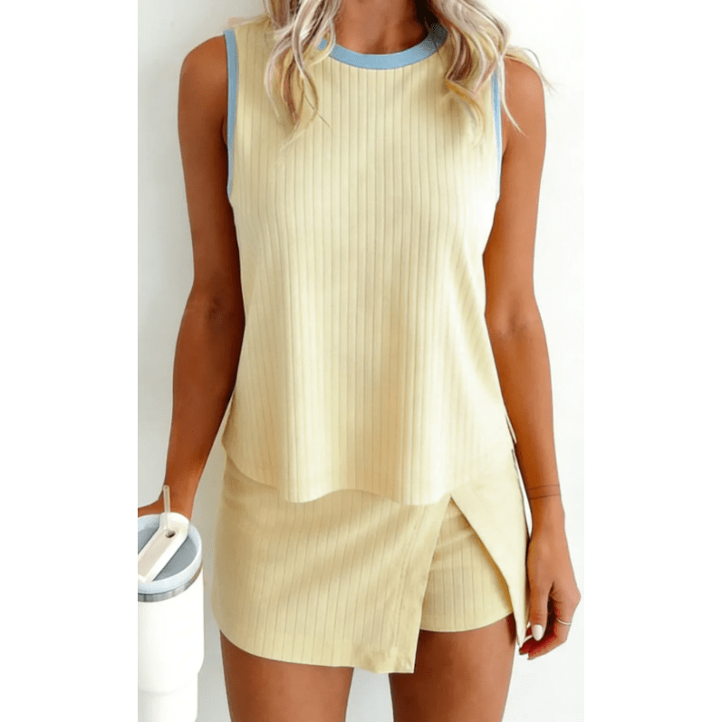 Nichelle Yellow Contrast Trim Ribbed Tank Split Skort 2pcs Set