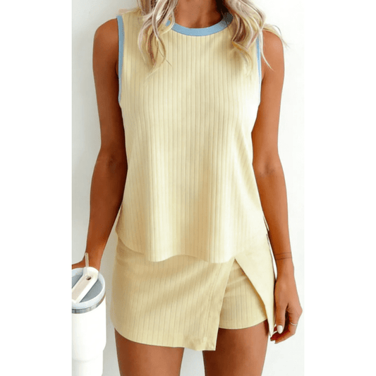 Nichelle Yellow Contrast Trim Ribbed Tank Split Skort 2pcs Set