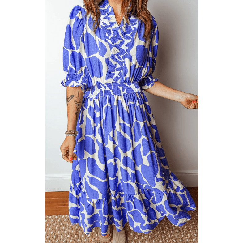 SALE!!!  Emrie Blue Abstract Print Smocked Waist Puff Half Sleeve Maxi Dress