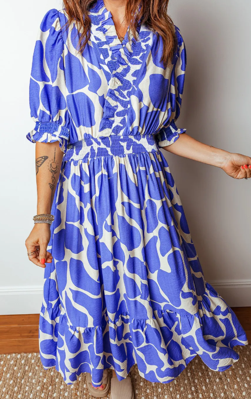SALE!!!  Emrie Blue Abstract Print Smocked Waist Puff Half Sleeve Maxi Dress