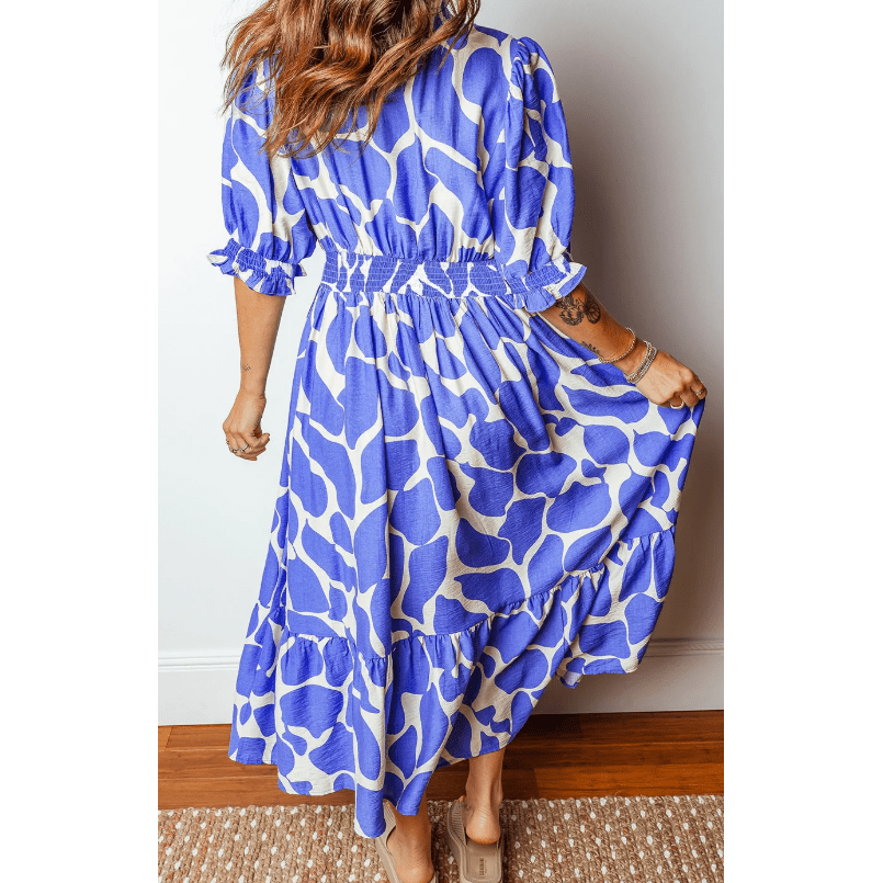 SALE!!!  Emrie Blue Abstract Print Smocked Waist Puff Half Sleeve Maxi Dress
