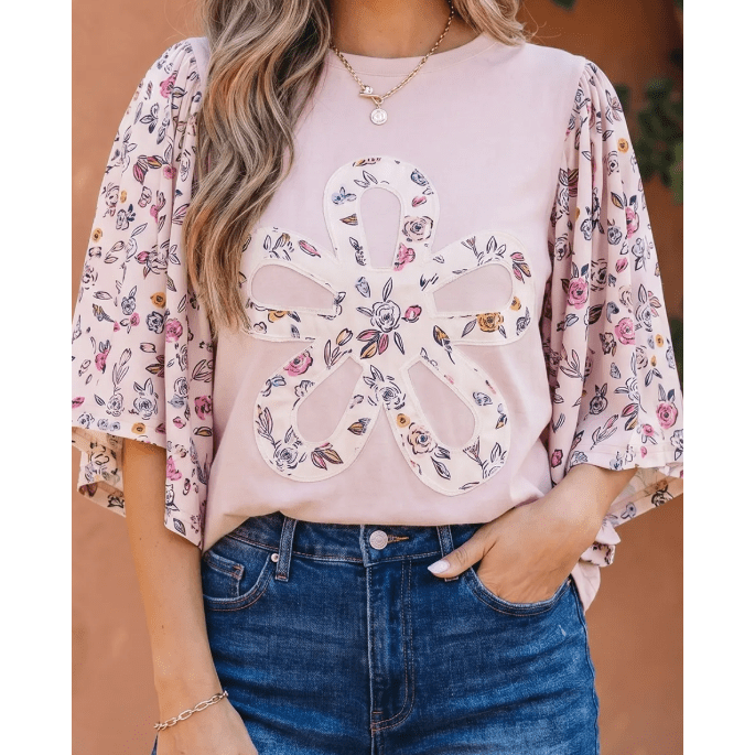 Dana Sue Pink Contrast Floral Patched Flowy Half Sleeve Blouse
