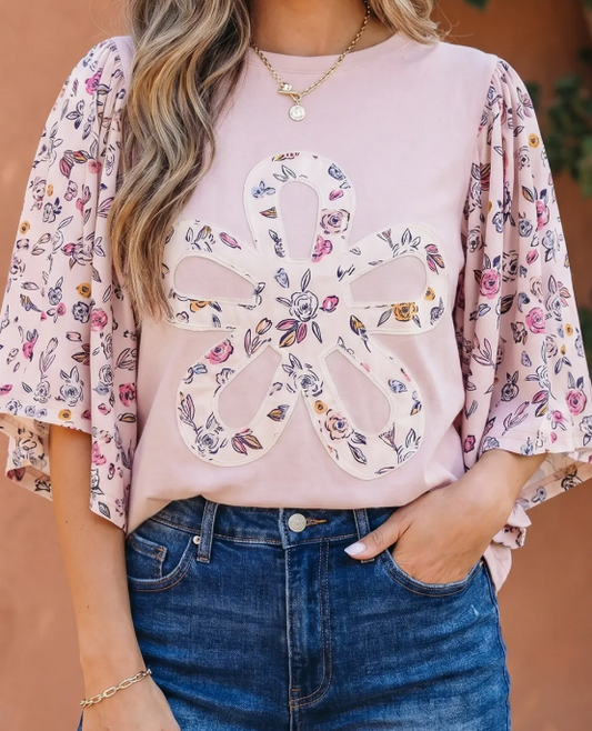 Dana Sue Pink Contrast Floral Patched Flowy Half Sleeve Blouse