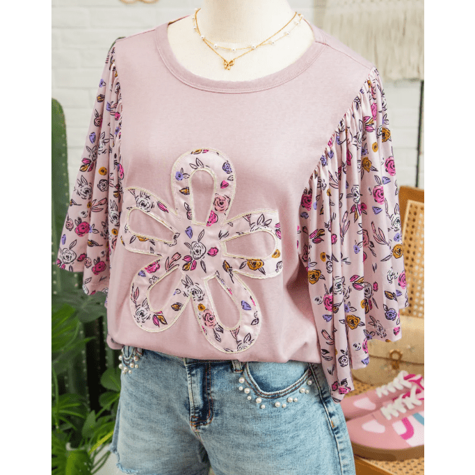 Dana Sue Pink Contrast Floral Patched Flowy Half Sleeve Blouse