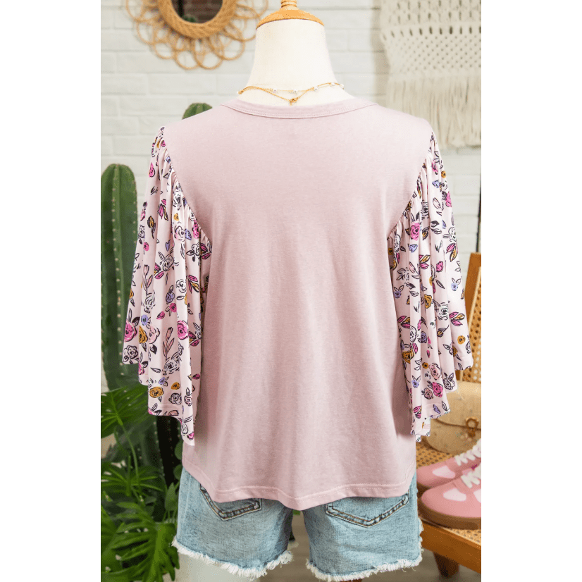 Dana Sue Pink Contrast Floral Patched Flowy Half Sleeve Blouse