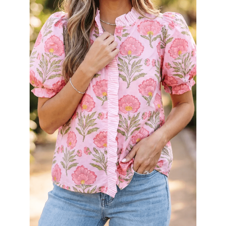 Vanya Pink Ruffle Striped Trim Puff Sleeve Shirt