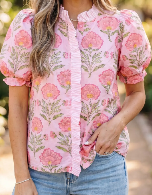 Vanya Pink Ruffle Striped Trim Puff Sleeve Shirt