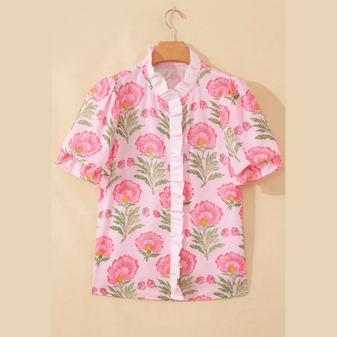 Vanya Pink Ruffle Striped Trim Puff Sleeve Shirt