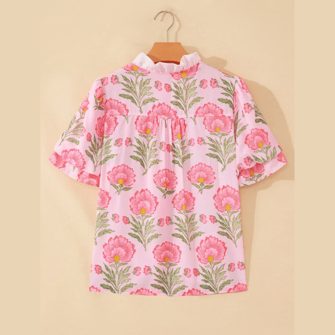 Vanya Pink Ruffle Striped Trim Puff Sleeve Shirt