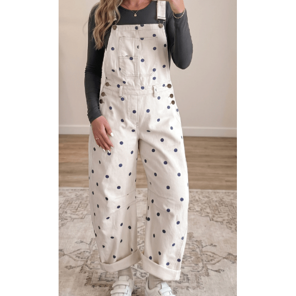 Orsie Off White Polka Dot Print Bib Pocket Denim Barrel Overalls Jumpsuit
