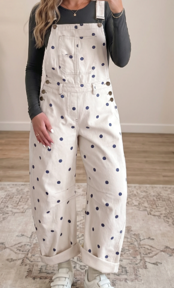 Orsie Off White Polka Dot Print Bib Pocket Denim Barrel Overalls Jumpsuit