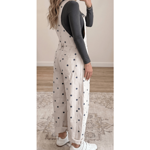 Orsie Off White Polka Dot Print Bib Pocket Denim Barrel Overalls Jumpsuit