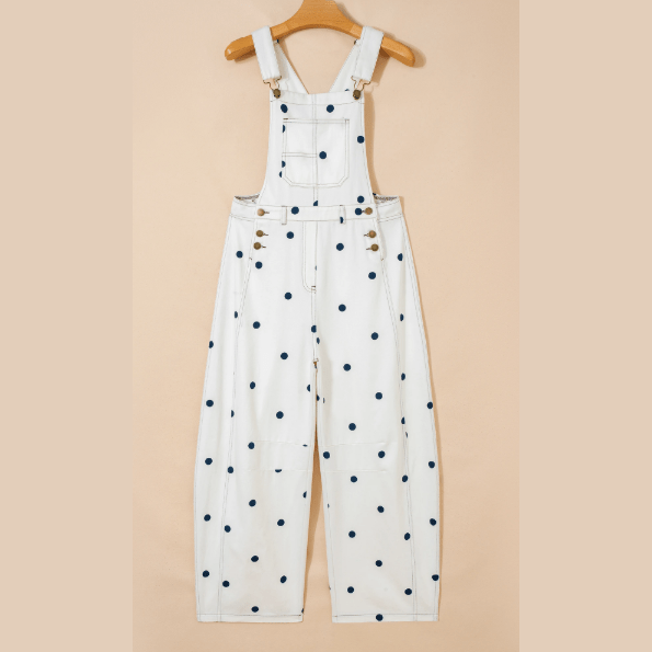 Orsie Off White Polka Dot Print Bib Pocket Denim Barrel Overalls Jumpsuit
