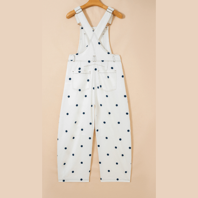 Orsie Off White Polka Dot Print Bib Pocket Denim Barrel Overalls Jumpsuit