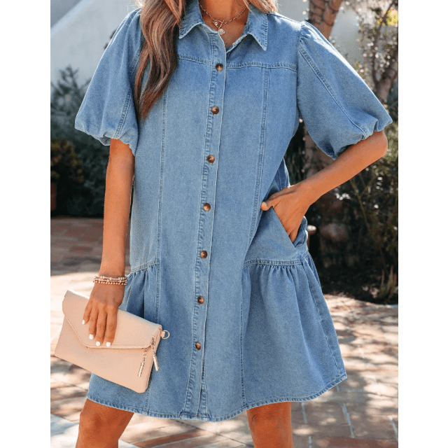 SALE!!!  Winifred Beau Blue Button Down Short Puff Sleeve Ruffle Hem Patchwork Denim Dress