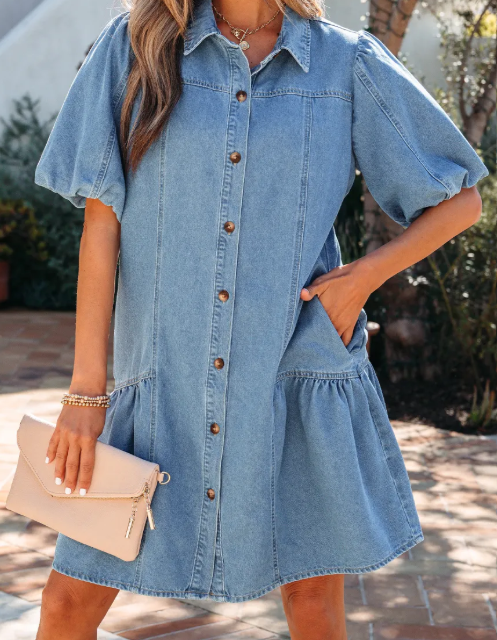 SALE!!!  Winifred Beau Blue Button Down Short Puff Sleeve Ruffle Hem Patchwork Denim Dress