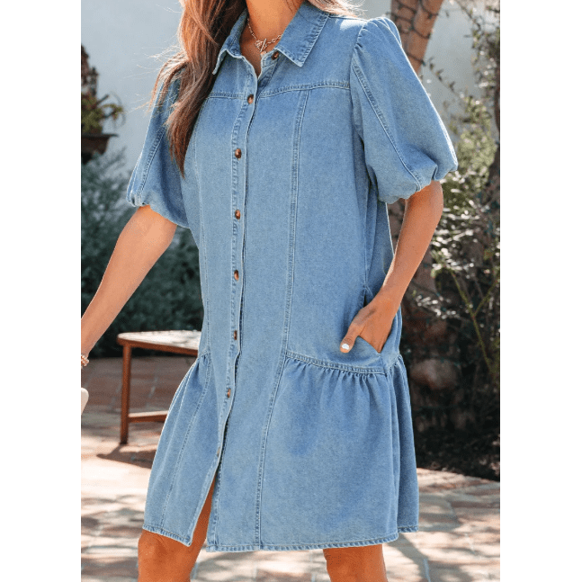SALE!!!  Winifred Beau Blue Button Down Short Puff Sleeve Ruffle Hem Patchwork Denim Dress