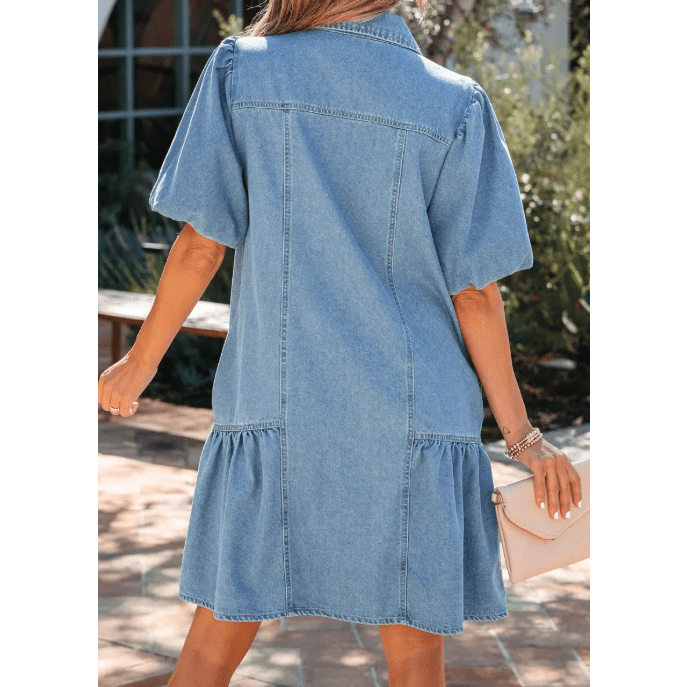 SALE!!!  Winifred Beau Blue Button Down Short Puff Sleeve Ruffle Hem Patchwork Denim Dress