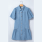 SALE!!!  Winifred Beau Blue Button Down Short Puff Sleeve Ruffle Hem Patchwork Denim Dress