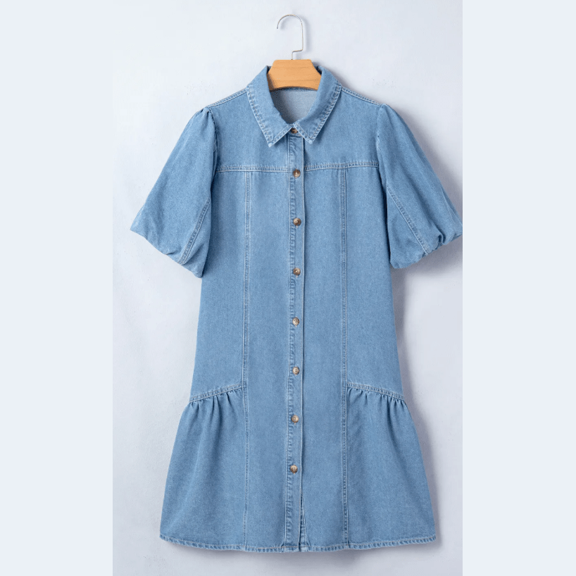 SALE!!!  Winifred Beau Blue Button Down Short Puff Sleeve Ruffle Hem Patchwork Denim Dress