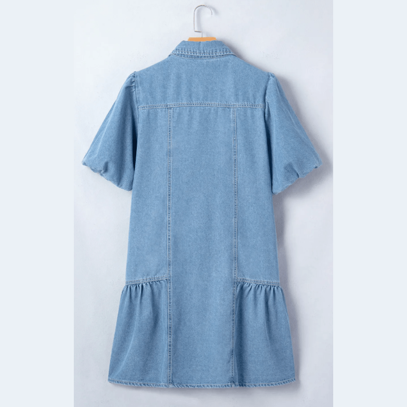 SALE!!!  Winifred Beau Blue Button Down Short Puff Sleeve Ruffle Hem Patchwork Denim Dress