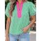 Monika Green Gingham Plaid Bubble Sleeve Colorblock Trim V Neck Blouse