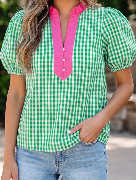 Monika Green Gingham Plaid Bubble Sleeve Colorblock Trim V Neck Blouse