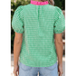 Monika Green Gingham Plaid Bubble Sleeve Colorblock Trim V Neck Blouse