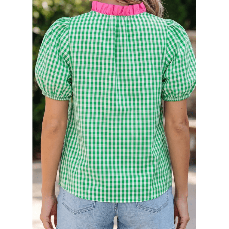 Monika Green Gingham Plaid Bubble Sleeve Colorblock Trim V Neck Blouse
