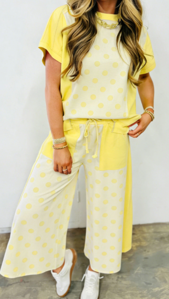 Adele Yellow Color Block Patchwork Polka Dot Wide Leg Pant Set