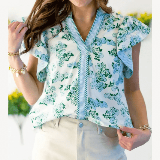 Brea Floral Meets Stripes V Neck Flutter Sleeve Blouse