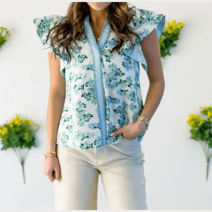 Brea Floral Meets Stripes V Neck Flutter Sleeve Blouse
