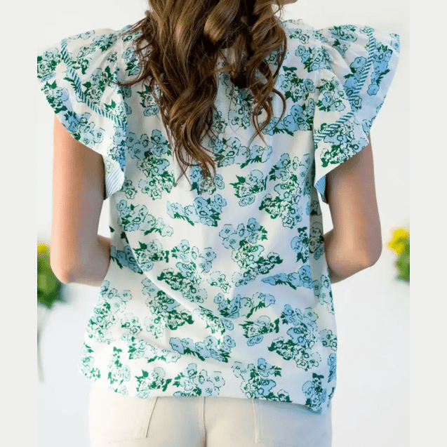 Brea Floral Meets Stripes V Neck Flutter Sleeve Blouse