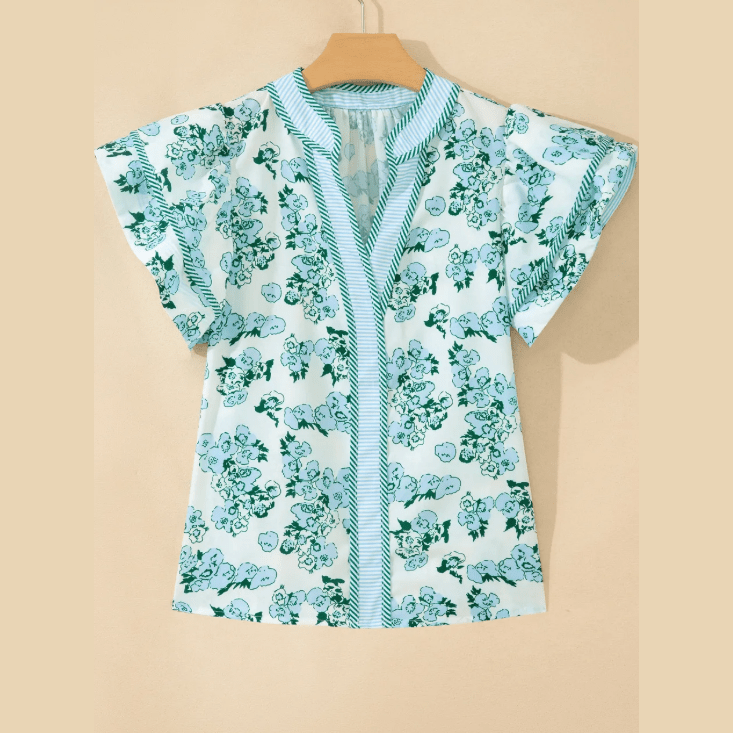 Brea Floral Meets Stripes V Neck Flutter Sleeve Blouse