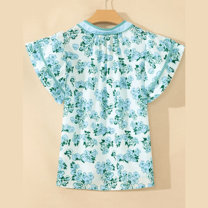 Brea Floral Meets Stripes V Neck Flutter Sleeve Blouse