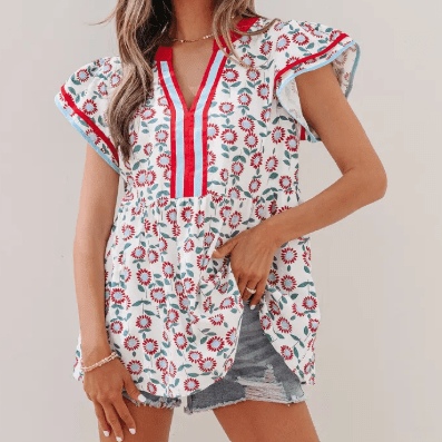 Luci Red Sunflower Printed Contrast Trim V Neck Flutter Sleeve Blouse