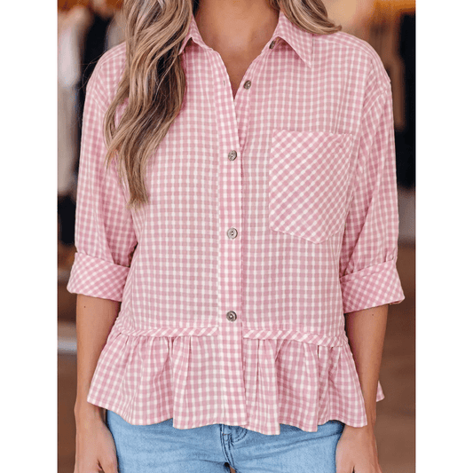 Braylee Pink Plaid Half Sleeve Ruffle Hem Button Down Shirt