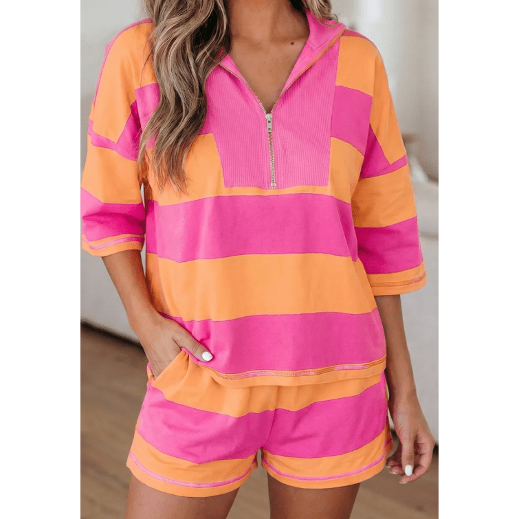 Kessy Pink Seam Detail Half Zip Tee Casual Shorts 2pcs Set
