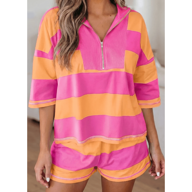 Kessy Pink Seam Detail Half Zip Tee Casual Shorts 2pcs Set
