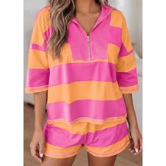Kessy Pink Seam Detail Half Zip Tee Casual Shorts 2pcs Set