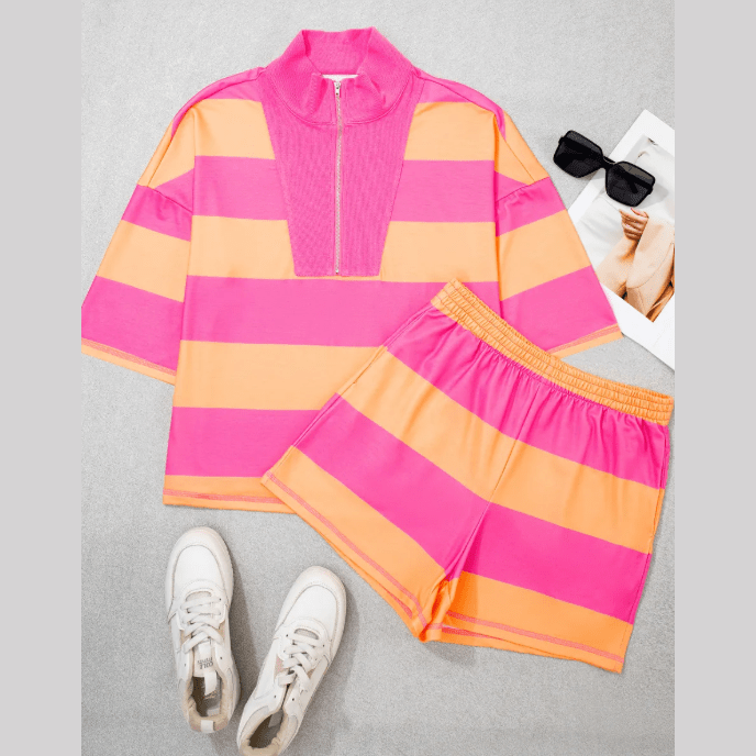 Kessy Pink Seam Detail Half Zip Tee Casual Shorts 2pcs Set