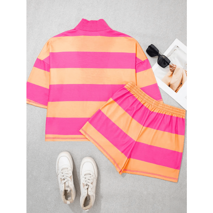 Kessy Pink Seam Detail Half Zip Tee Casual Shorts 2pcs Set