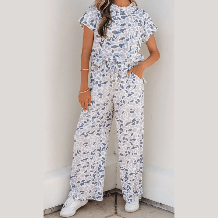 Sally Camouflage Print Twisted Rib Loose Tee Drawstring Pants Set