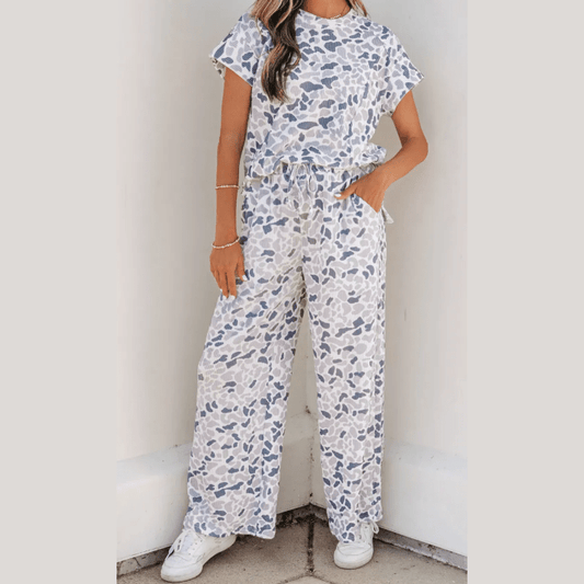 Sally Camouflage Print Twisted Rib Loose Tee Drawstring Pants Set