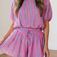Deema Pink Stripe Dolman Short Sleeve Blouse Drawstring Elastic Waist Loose Short Set