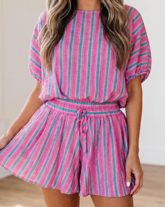 Deema Pink Stripe Dolman Short Sleeve Blouse Drawstring Elastic Waist Loose Short Set