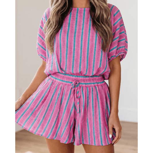 Deema Pink Stripe Dolman Short Sleeve Blouse Drawstring Elastic Waist Loose Short Set